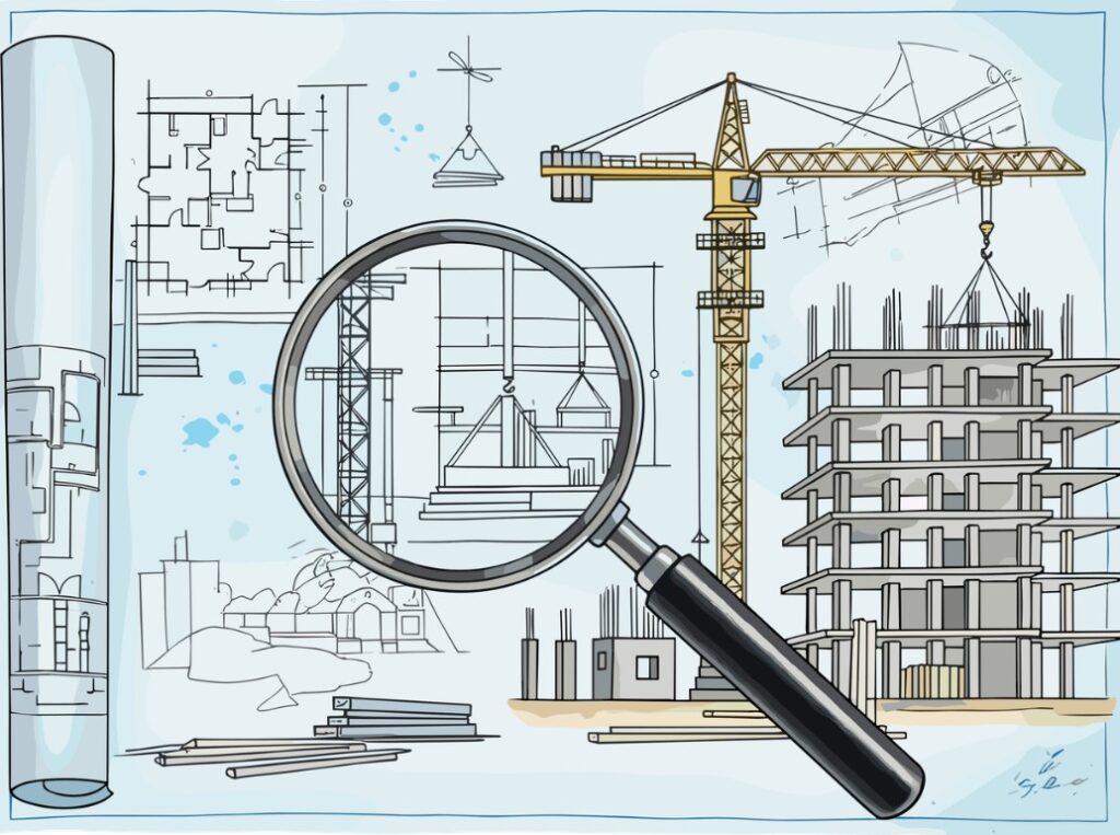 Illustration représentant l’analyse et l’évaluation technique d’un projet immobilier, incluant plans, structure et coordination de chantier.